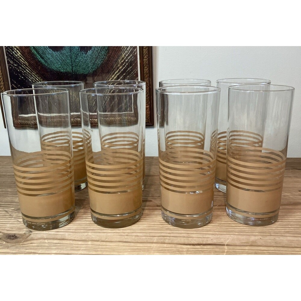 VINTAGE MIKASA TAN FAWN STRIPED TUMBLER GLASSES BY BOB VAN ALLEN . (Set of 8)